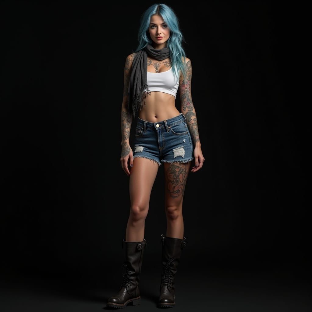 Gorgeous Biker Girl with Blue Hair: Photorealistic Image