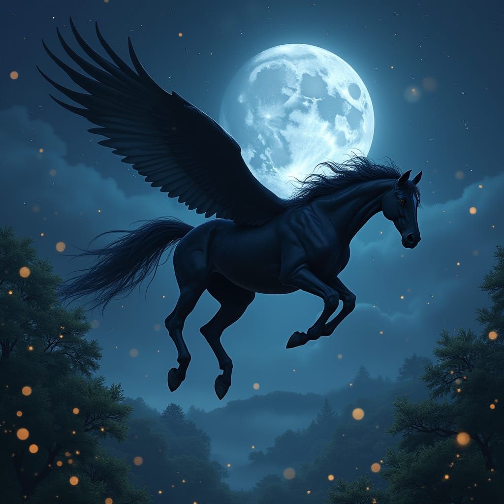Black Winged Horse Soaring Under Moonlight