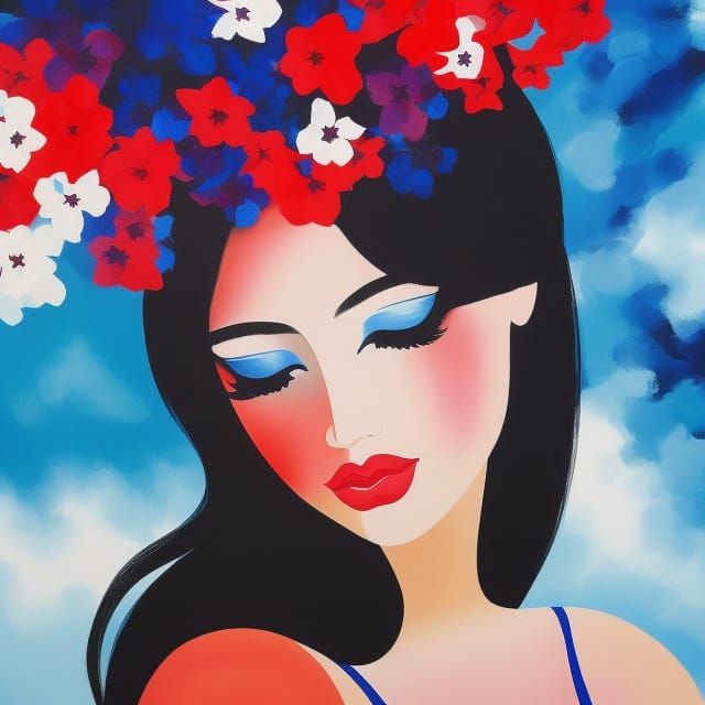 Dreaming Princess with Black Hair, Gouache Style