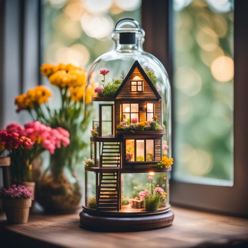 Tiny House in a Bottle with Flowers