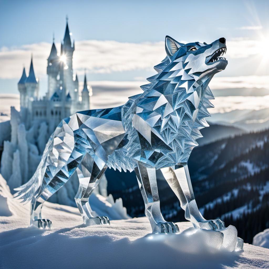 Intricate Ice Wolf Sculpture in Frozen Realm
