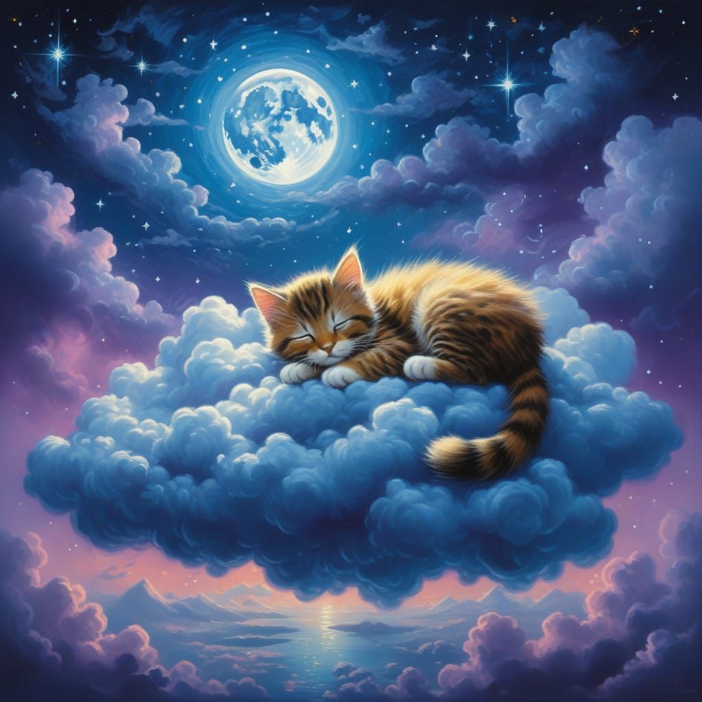 Kitten Sleeps on Cloud Under Starry Night Sky