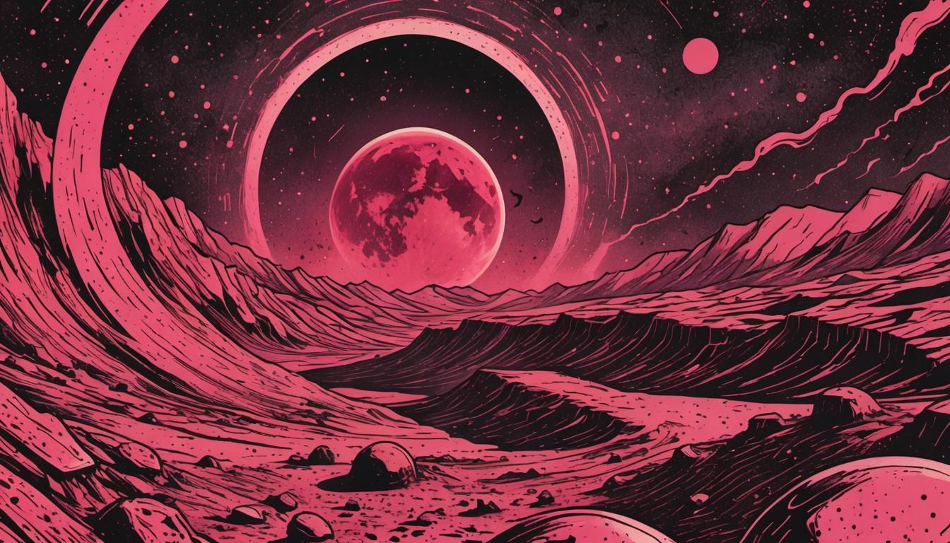 Vibrant Solar Eclipse in Retrofuturistic Martian Landscape