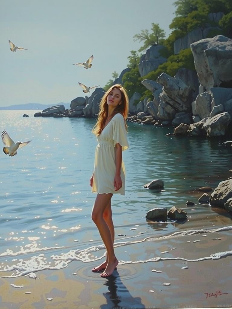 Serene Woman on Lake Shore in Impressionist Style