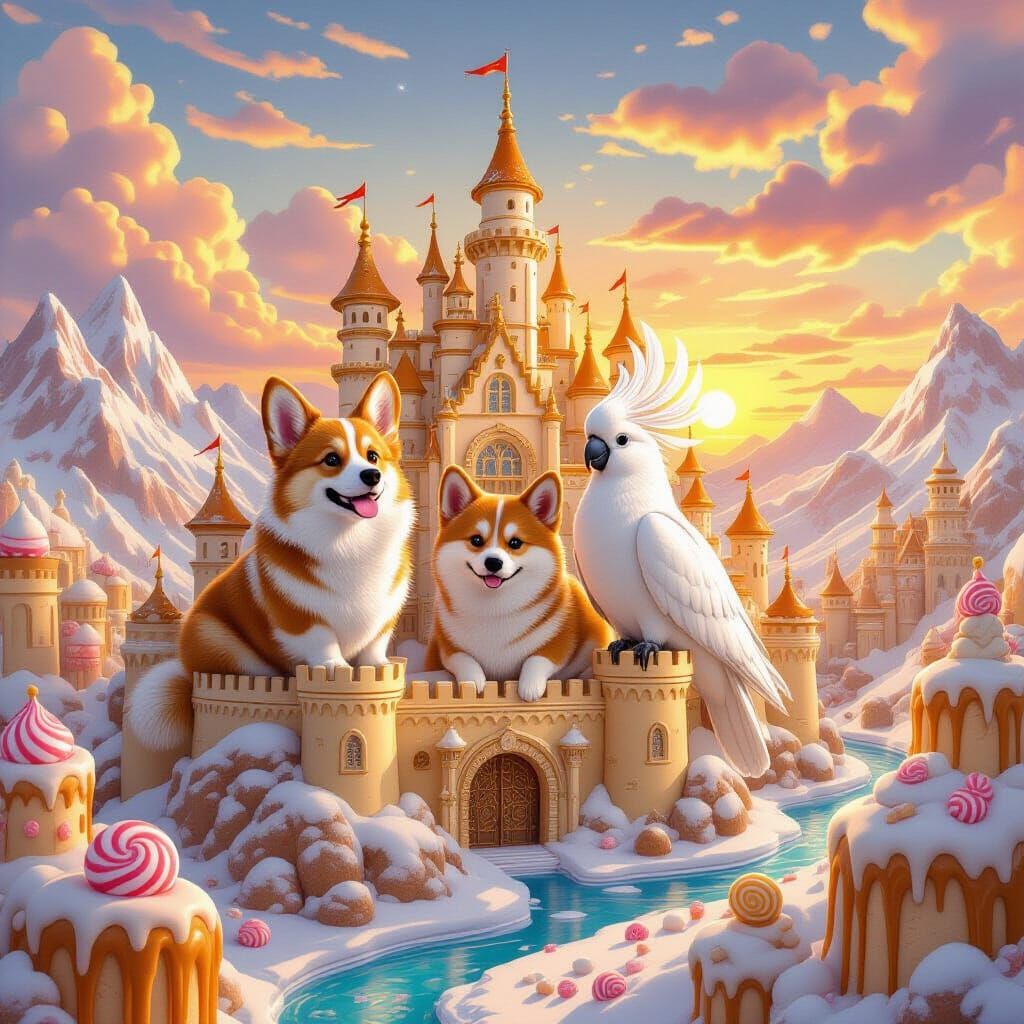 Sweet Castle with Dogs and Cockatoo in Fantasy Art Style