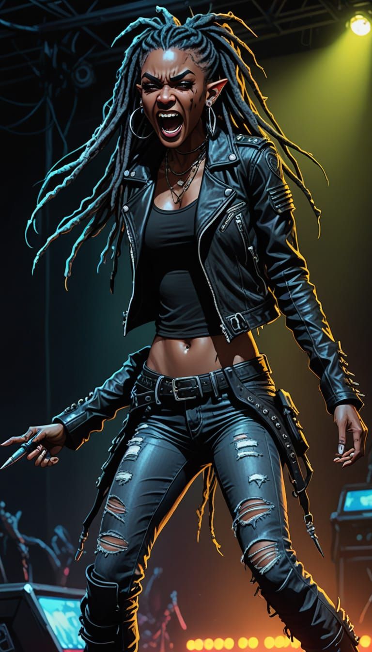 Punk Rocker Black Elf on Stage in Comic Art Style