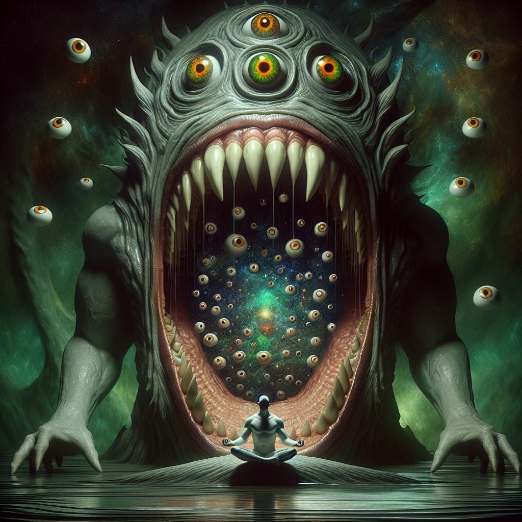 Surreal Mythic Beast and Meditative Figure