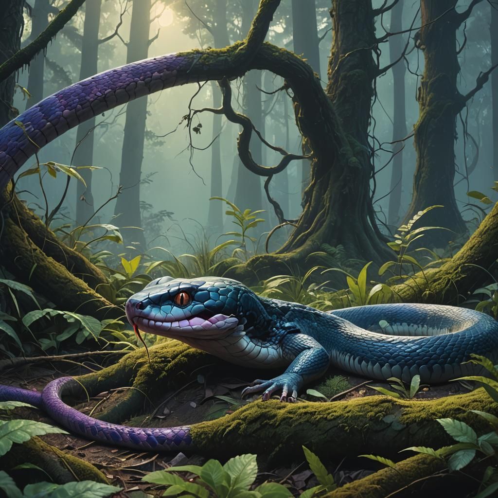 Snake Bites Mouse in Mystical Forest Concept Art
