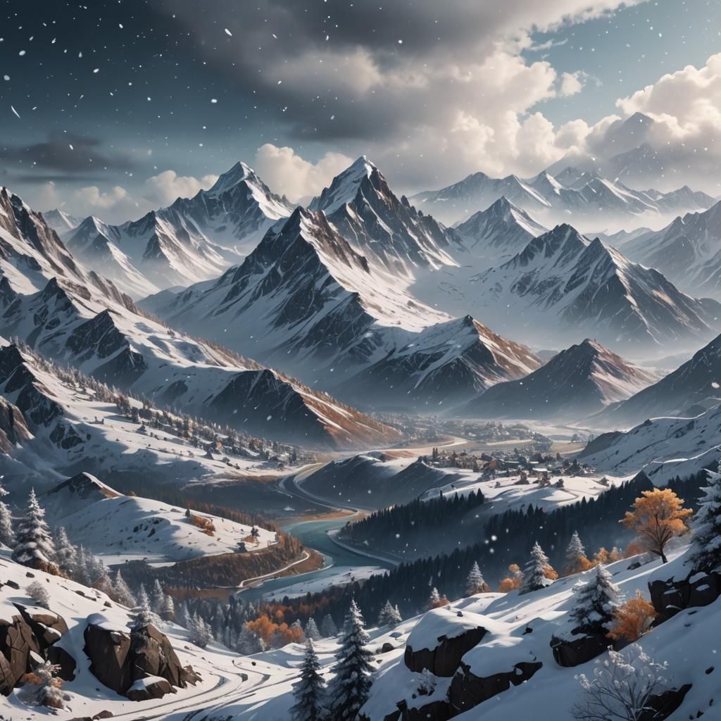Snowy Mountain Landscape with Detailed Snowflakes
