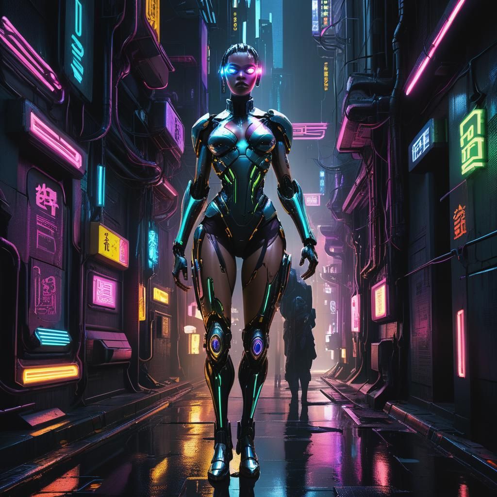 Cyberpunk Cyborg Queen in Neon Cityscape