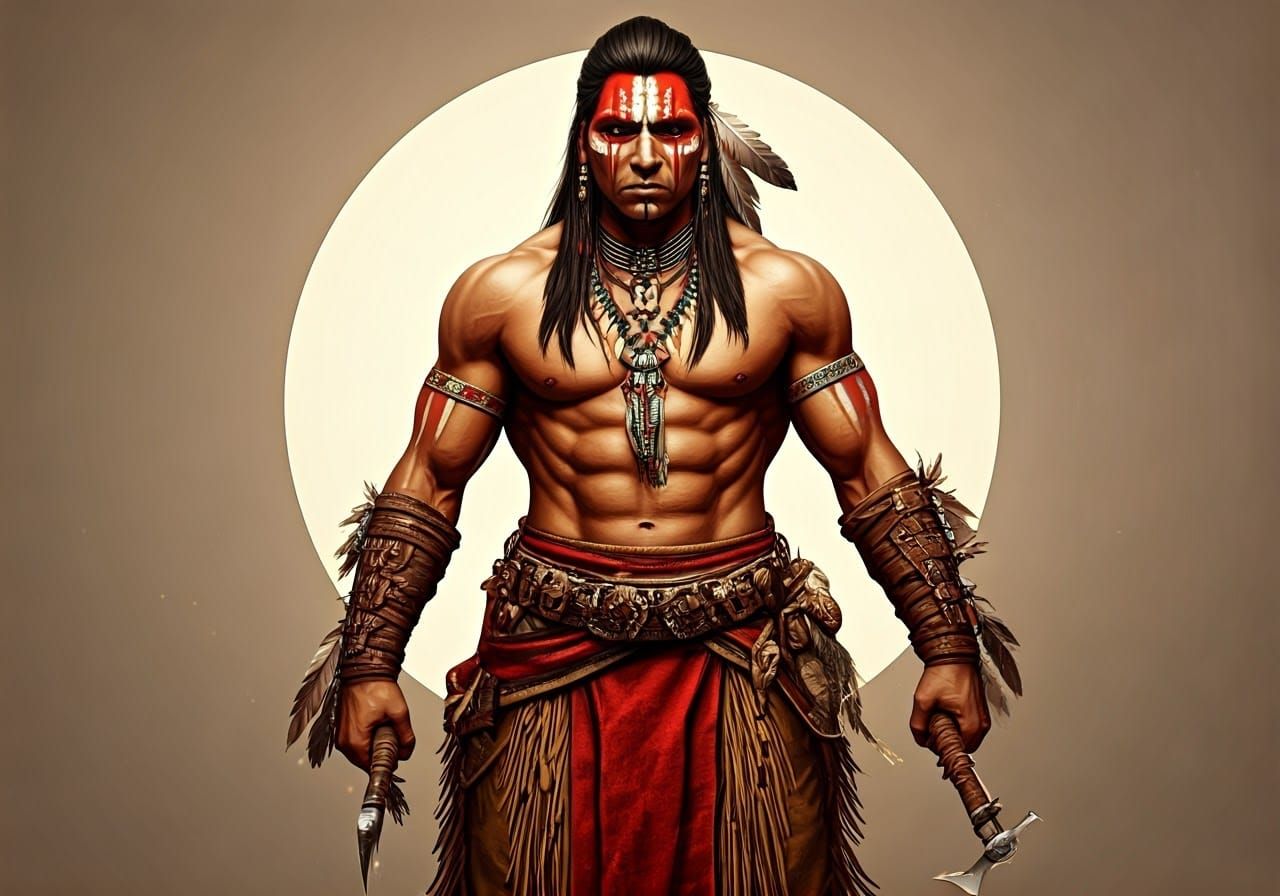 Native American Warrior with Tomahawks and Ceremonial Markin...