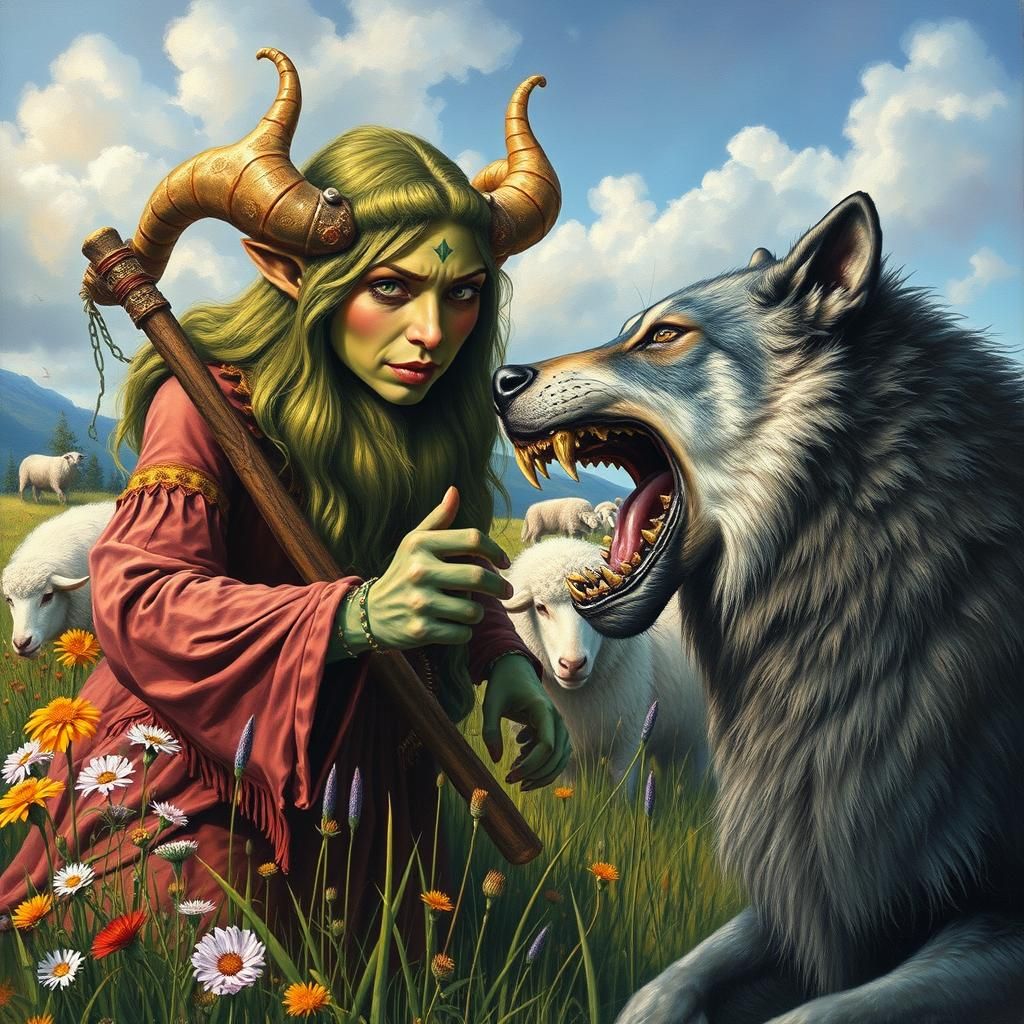 Ogre Shepherdess Battles Wolf in Fantasy Oil Painting