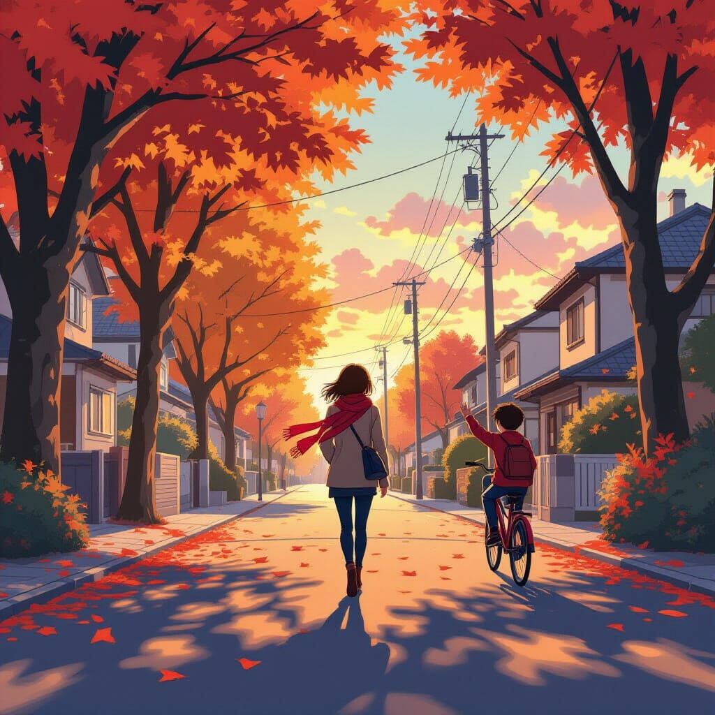 Anime Sunset Walk with Waving Boy
