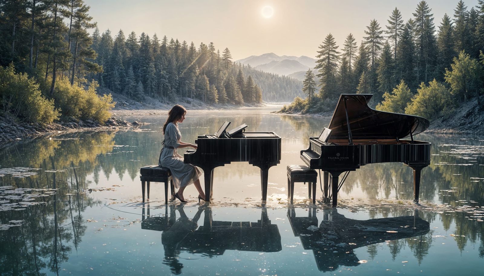 Pastel Lake Piano Player in Double Exposure Art