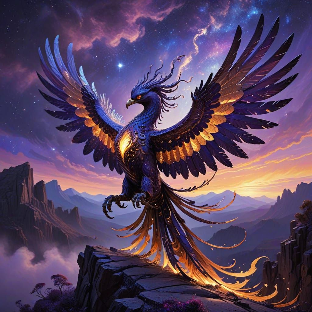 Gothic Steampunk Phoenix in a Vibrant Galaxy Night Sky