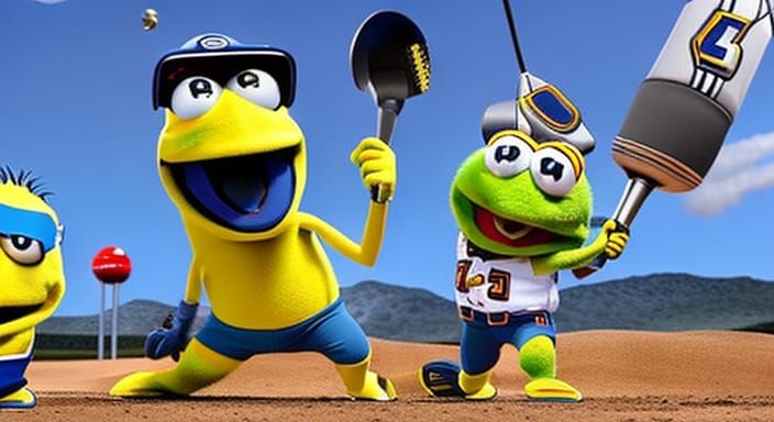 Intergalactic Baseball Game between Minions and Muppets, in space, cartoon style characters