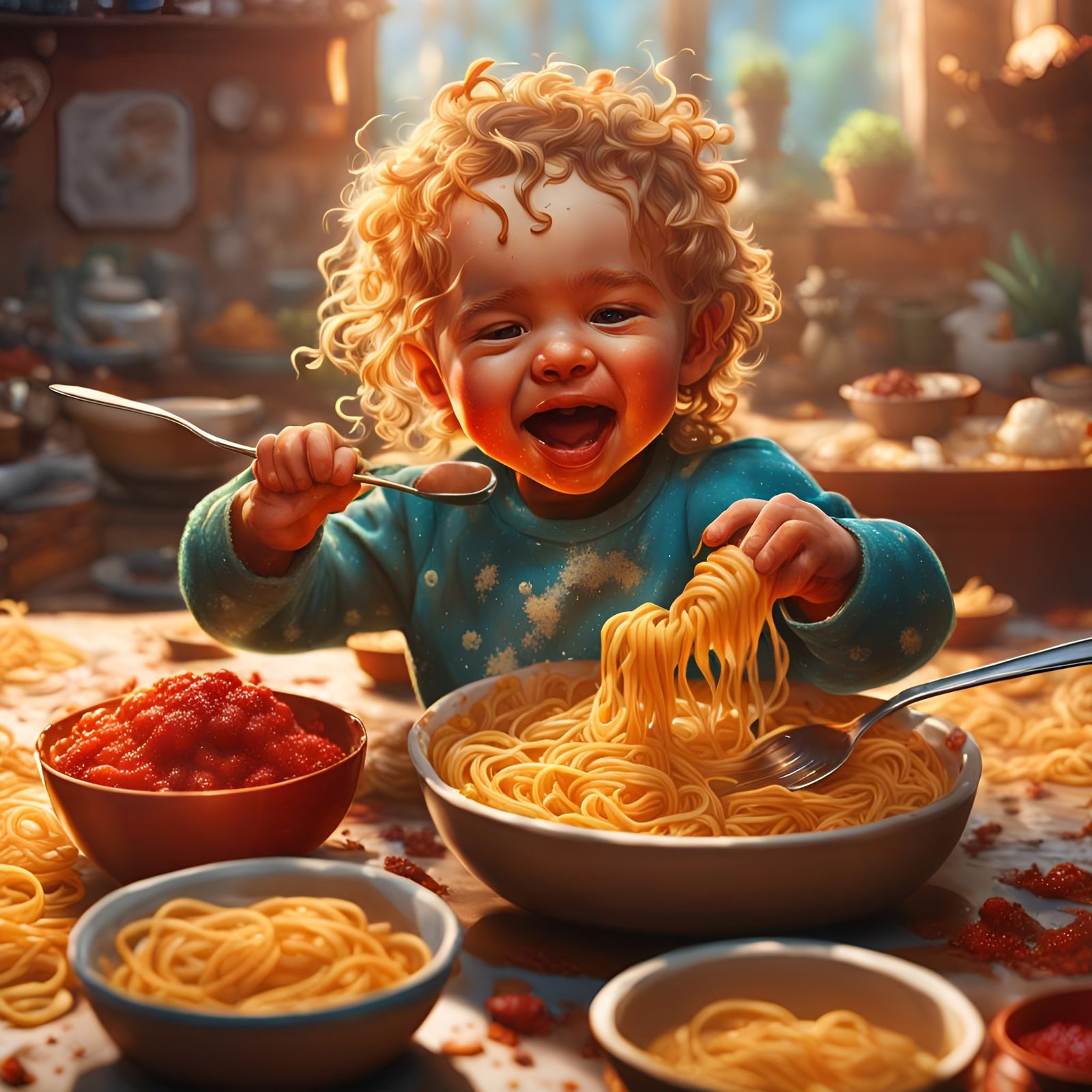 Cute Baby Eating Spicy Pasta: Hyper Realistic Splash Art