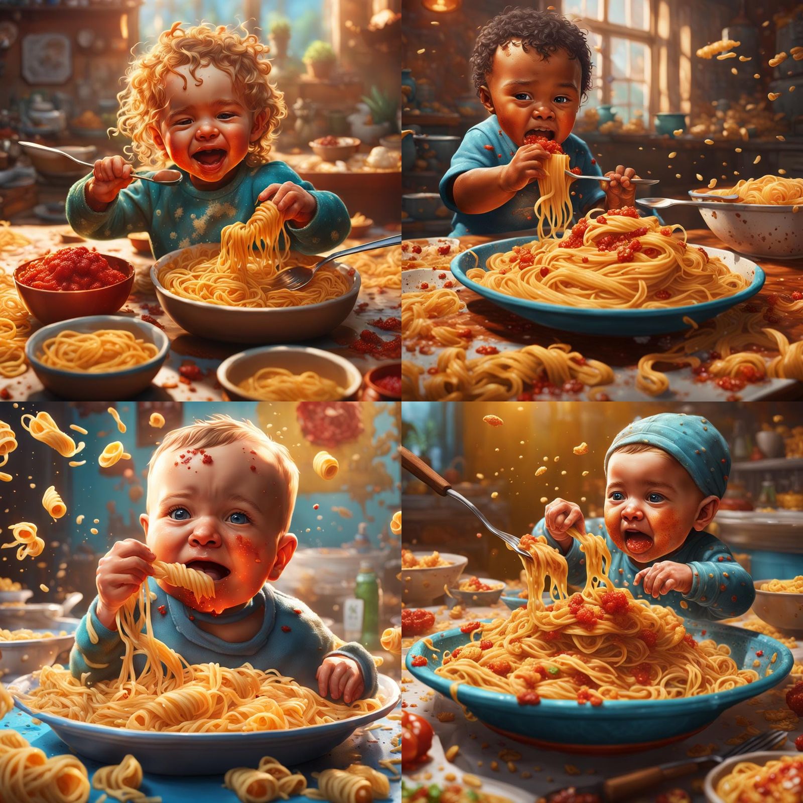 Hyperrealistic Baby Eating Spicy Pasta: Concept Art