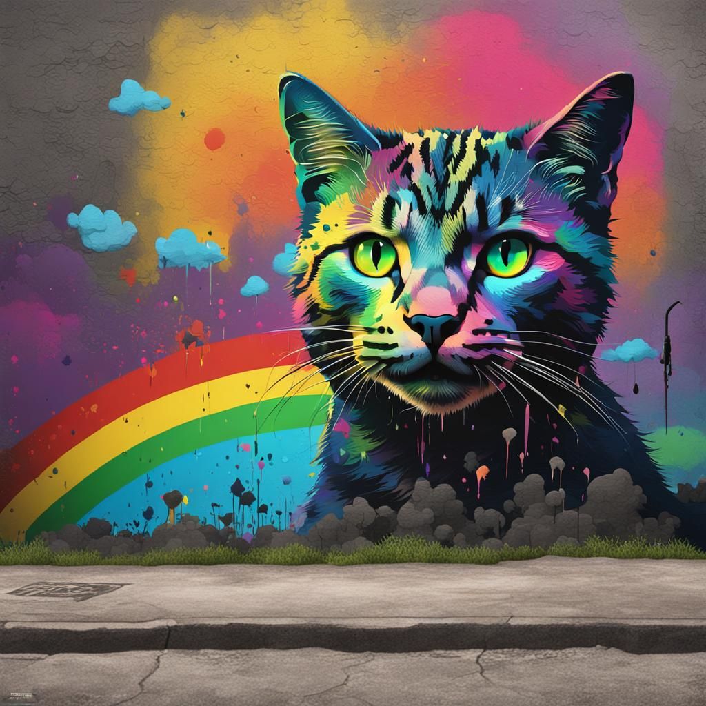 Banksy Style Rainbow Cat Graffiti Art