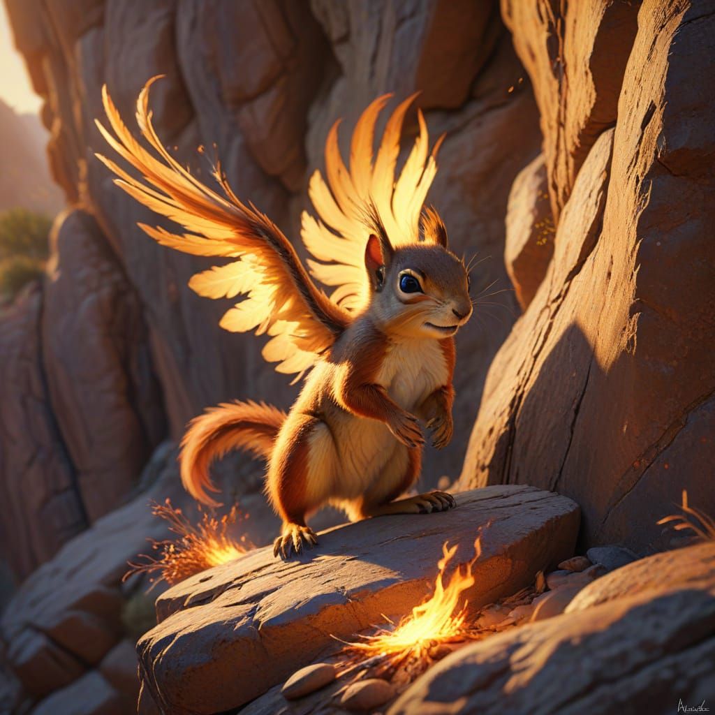 Golden Hour Phoenix Squirrel Amidst Ancient Desert Ruins