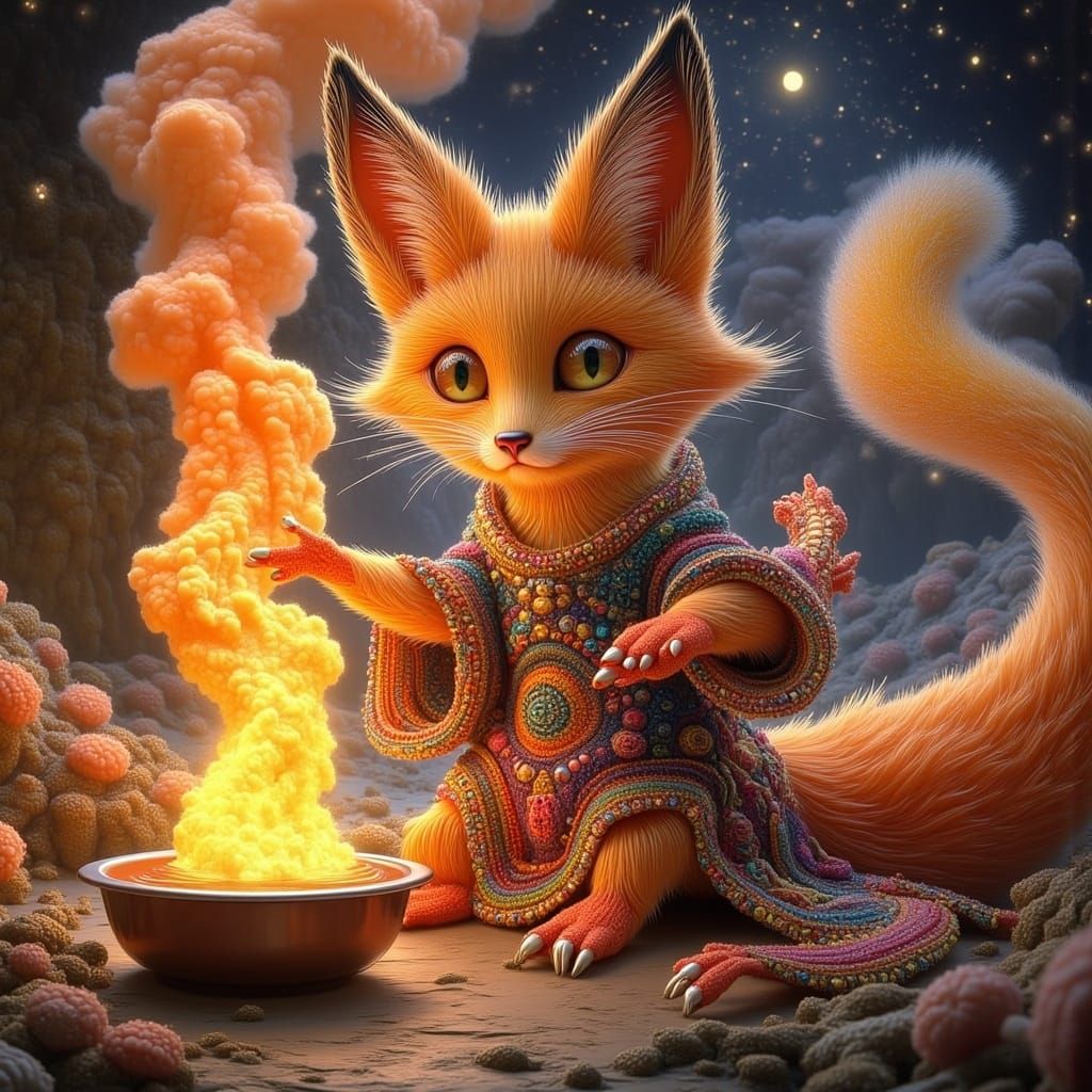 Regal Fire-Fox Alchemist in Embroidered Robe of Flames