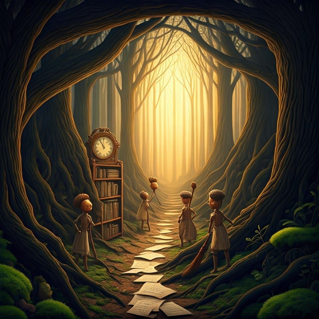 Storybook Forest Librarians in Surrealist Style