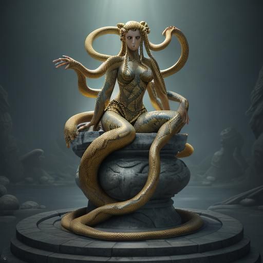 Medusa in 3D Anime Style with Golden Lighting