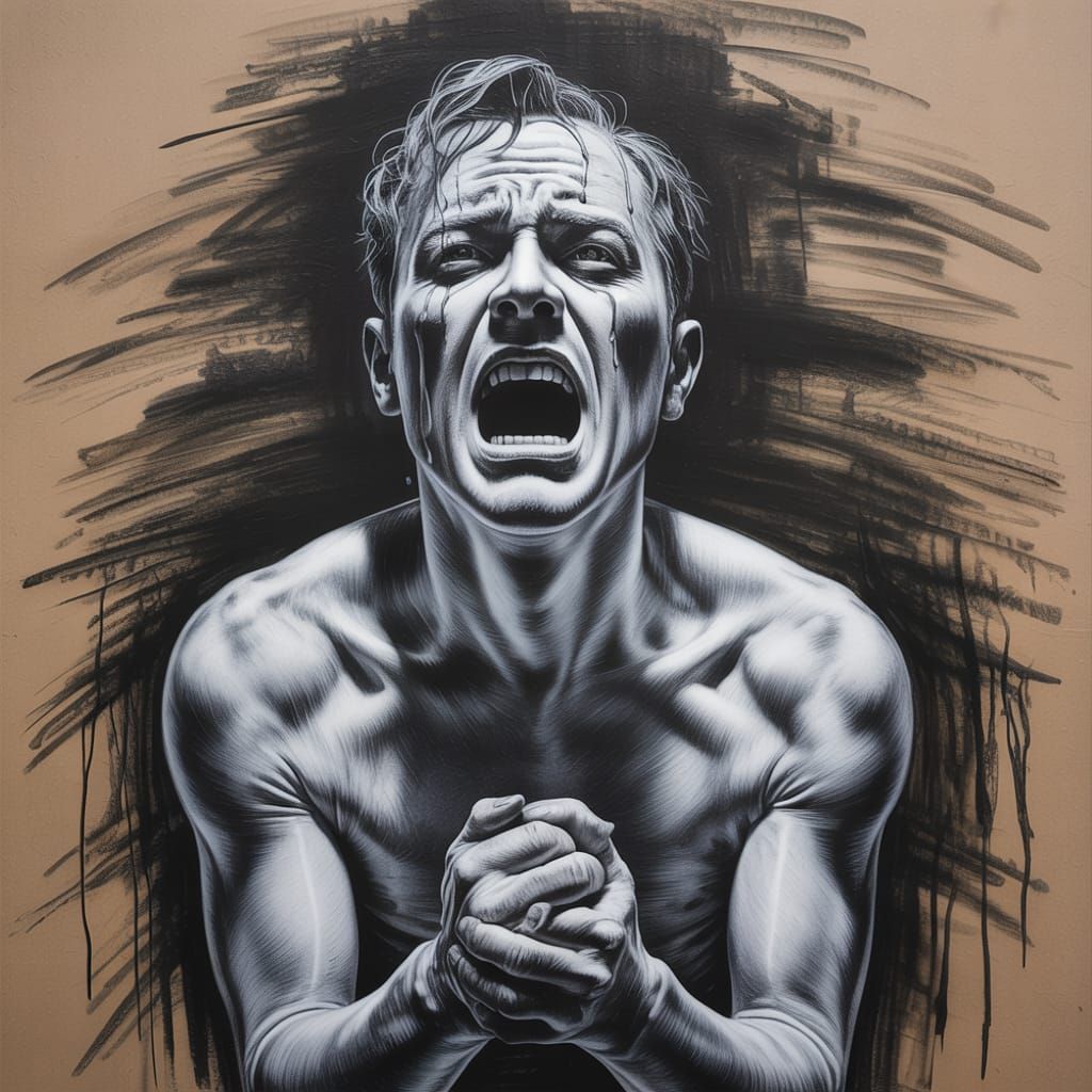 Anguished Man's Silent Scream: Detailed Charcoal Drawing
