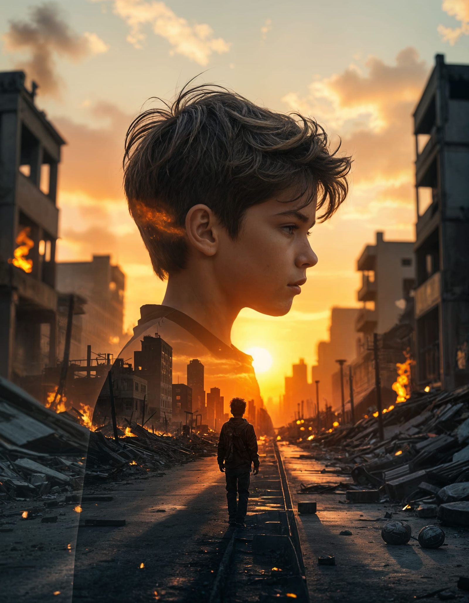 Cinematic Double Exposure: Boy's Silhouette Holds Post-Apoca...