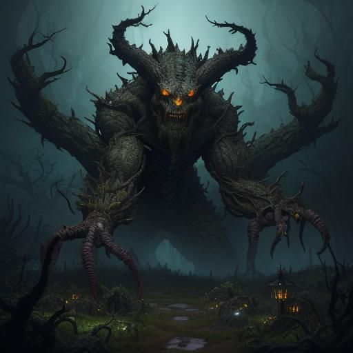 Dark Fantasy Gnarled Husk in Overgrown Ruins