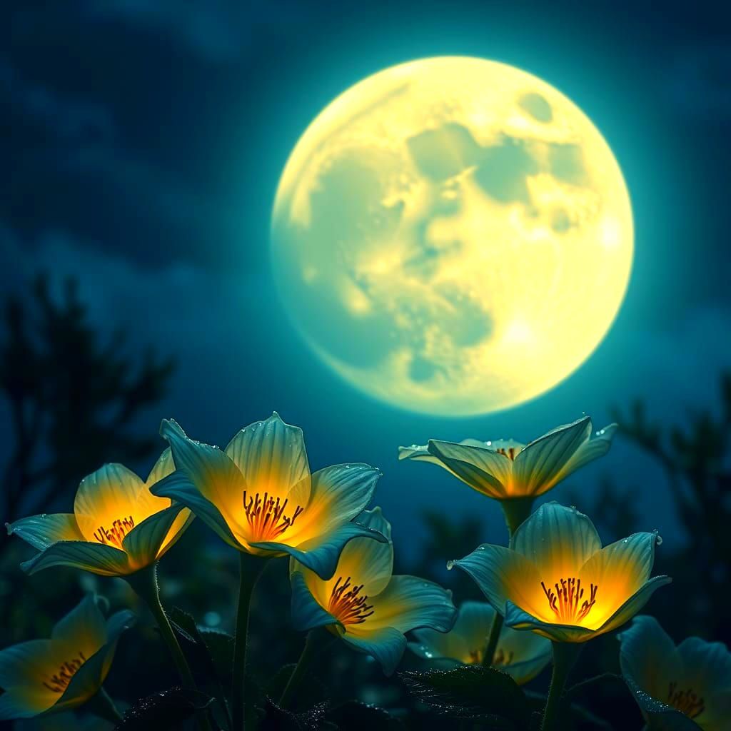 Enchanting Moonlit Twilight Scene with Glistening Moonflower...