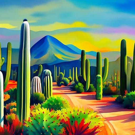 Cacti Landscape as Gouache Style Painting