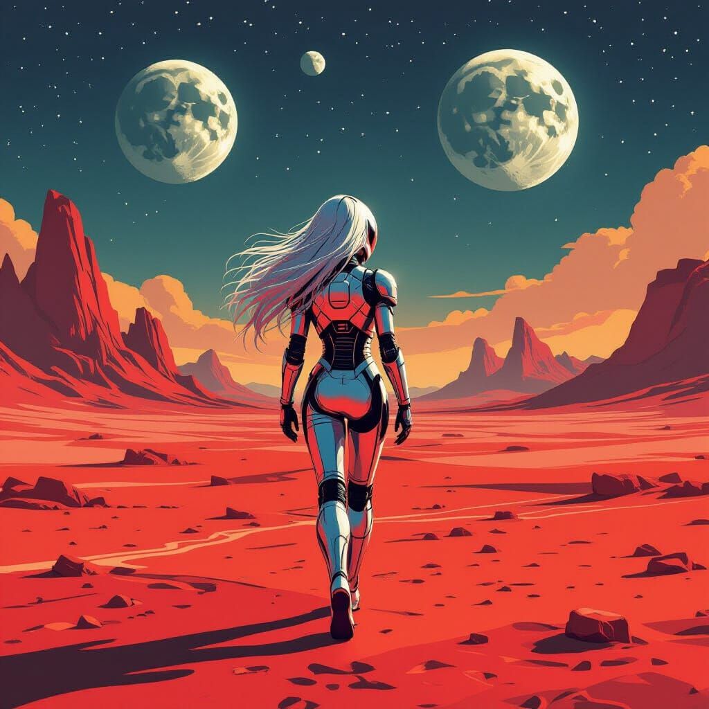 Robot on Crimson Planet Under Three Moons