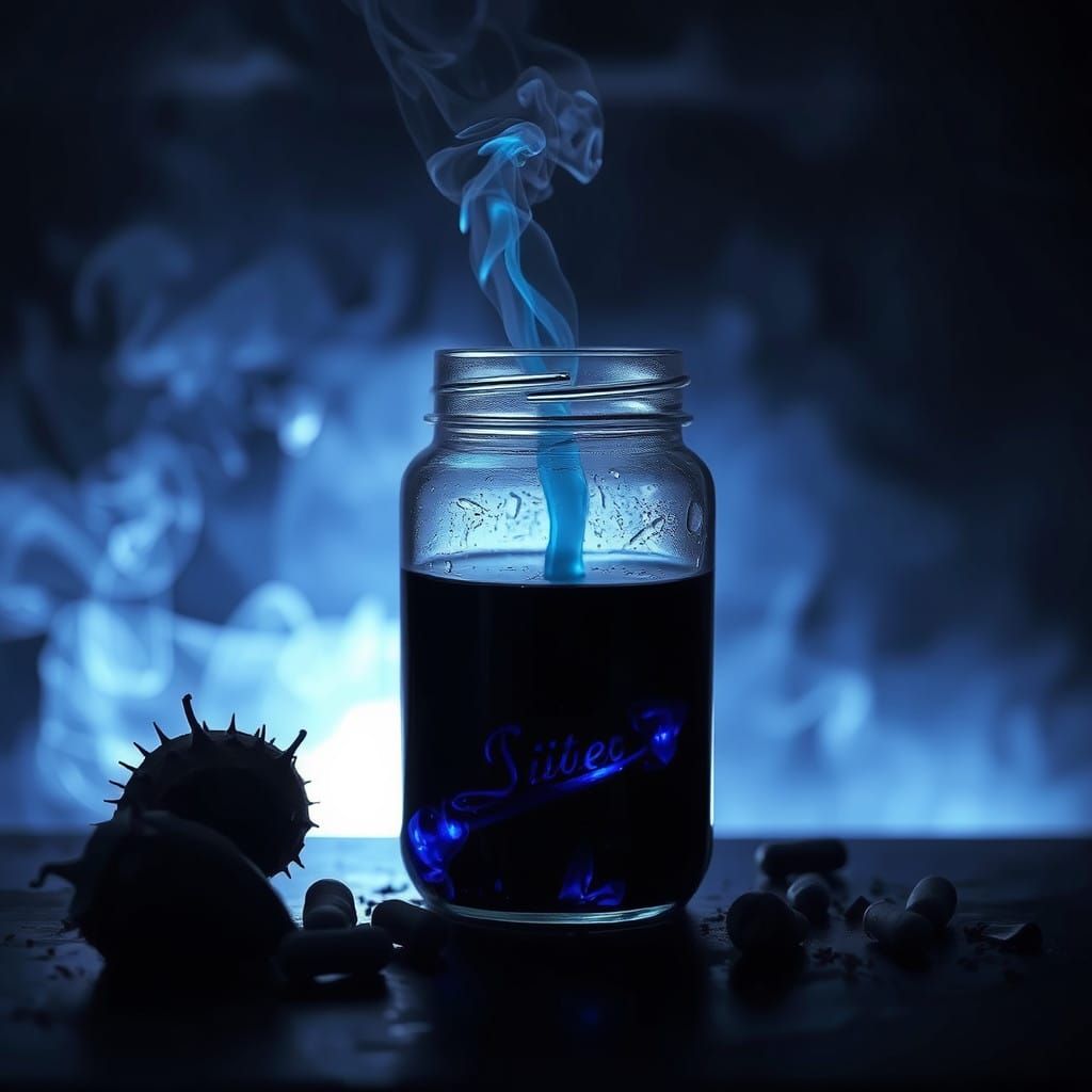 The smoking fluid that is black with blue glows. It smells l...