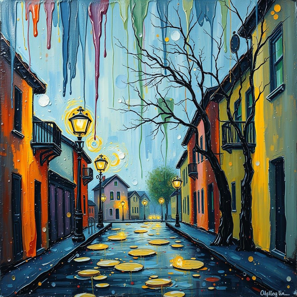 Quiet Town in Vibrant Neo-Impressionist Oil