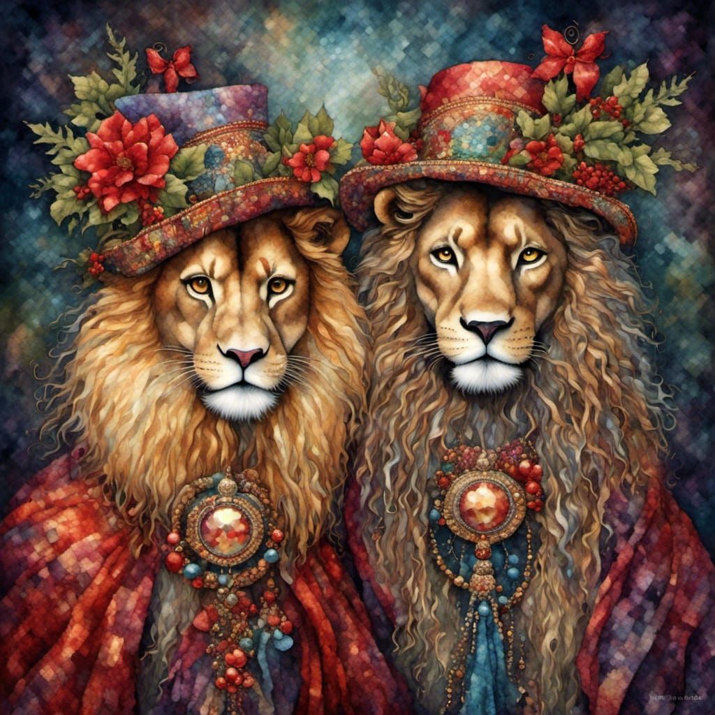 Christmas Lions in Tapestry Style