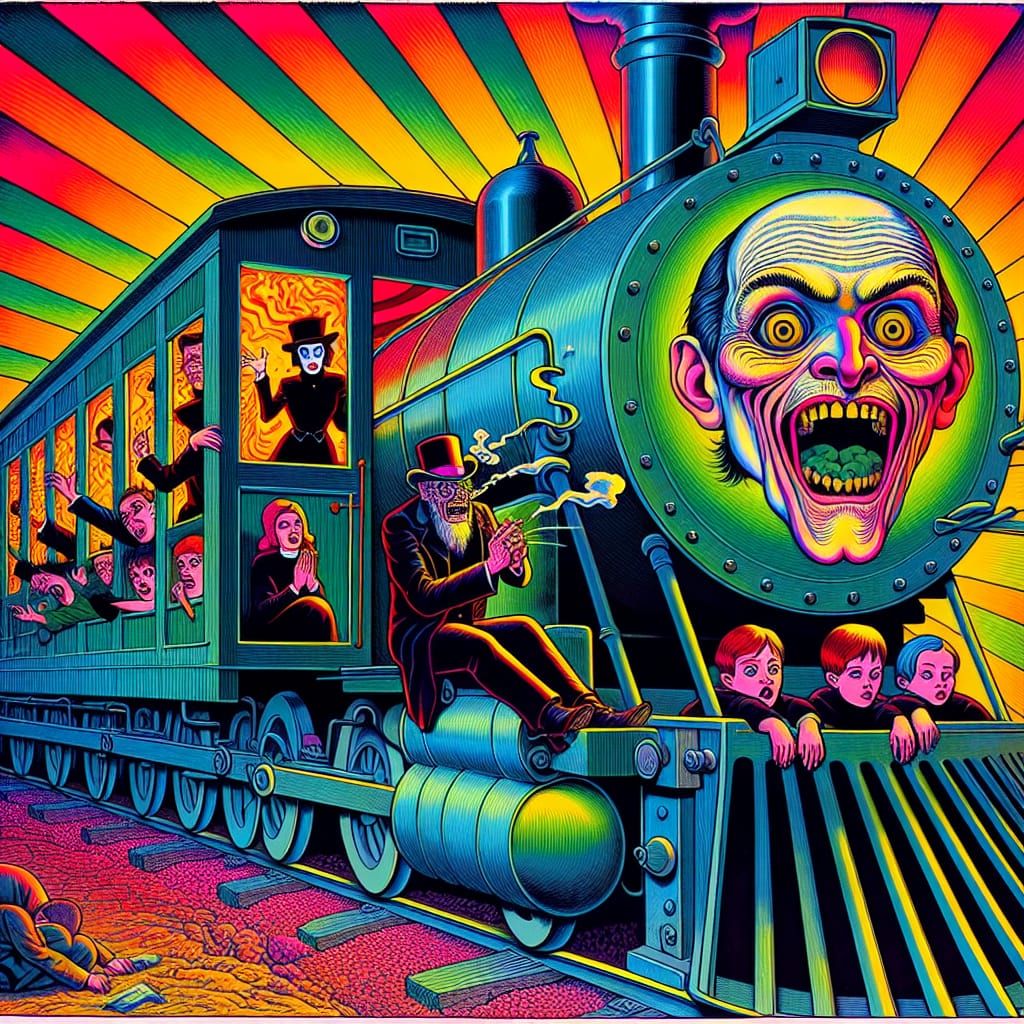 Psychedelic Cartoon Train with Praying Clergyman and Goth Ch...