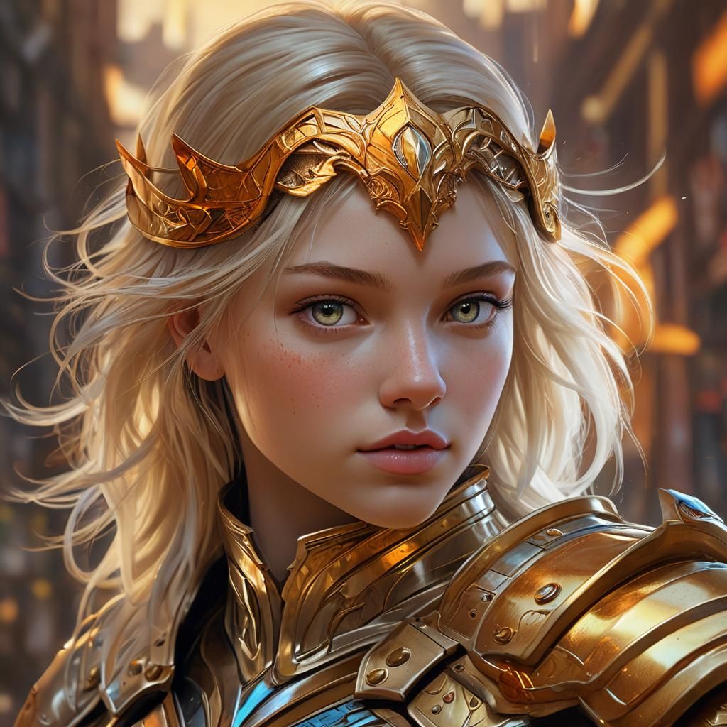 Blonde Girl in Golden Armor: Hyperrealistic Portrait