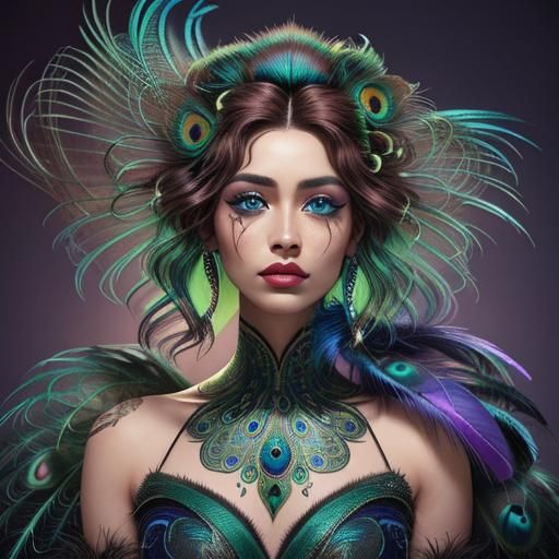 Exotic Portrait with Peacock Feathers in 3D Style