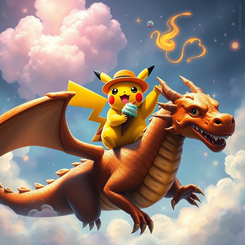Pikachu Rides Dragon in Whimsical Fantasy Art