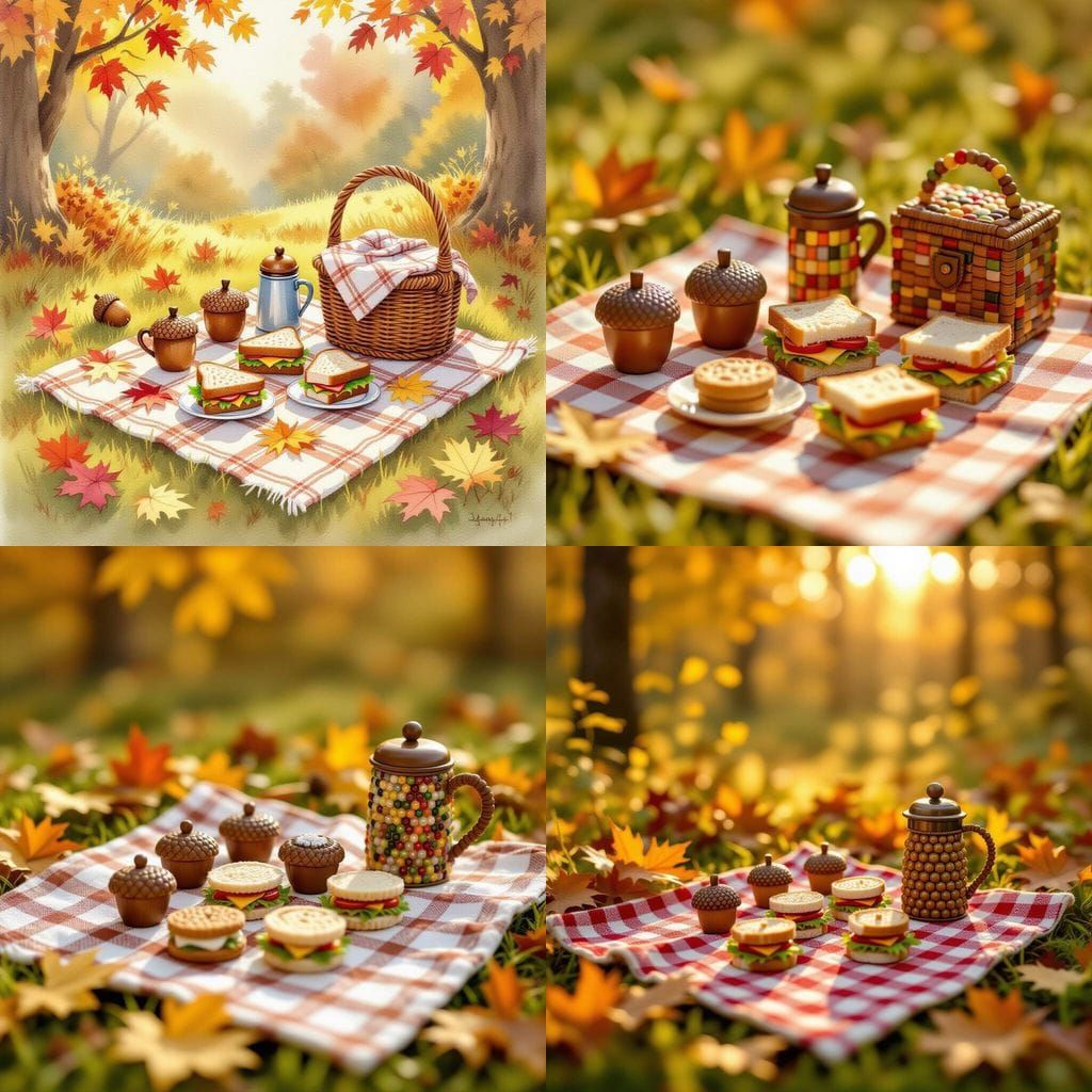 Tiny Autumn Picnic Scene with Acorn Cups and Bead Thermos