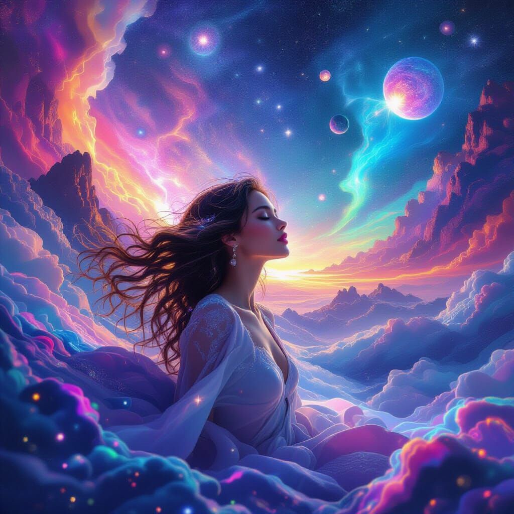Surreal Dreamscape: Woman in Cosmic Digital Art