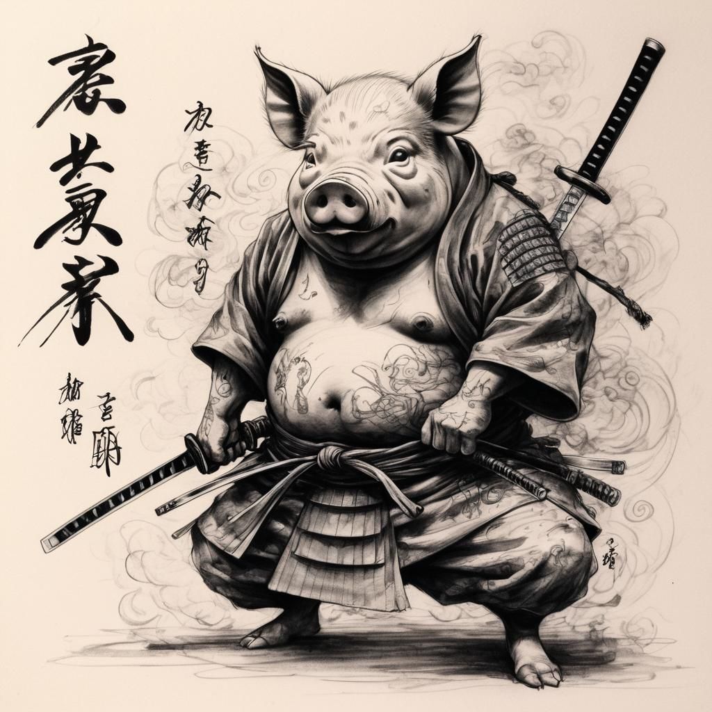 Samurai Pig Ink Sketch in Japanese Art Style