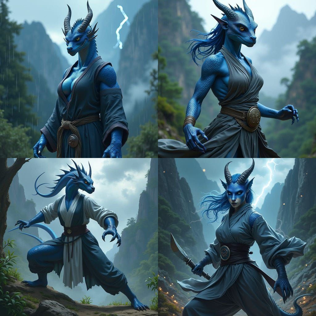 Dynamic Dragonborn Monk Portrait in Stormy Landscape