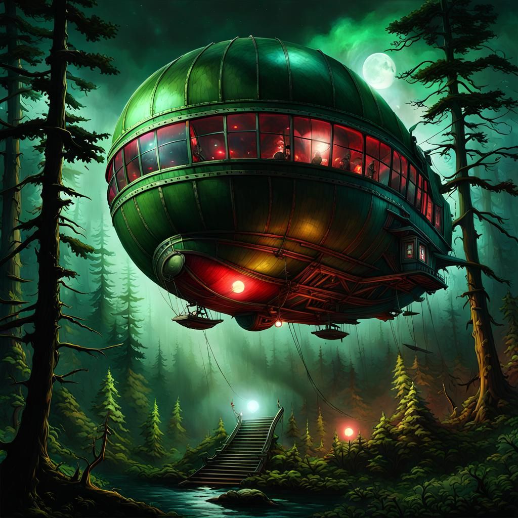 Gloomy Airship in Blighted Forest Concept Art