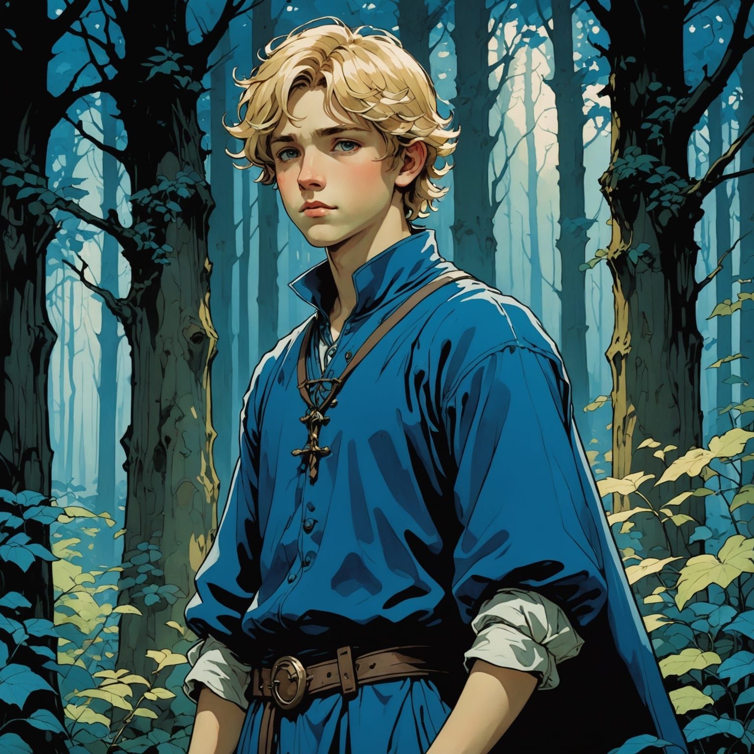 Medieval Boy Surrounded by Dark Forest in Vibrant Colors