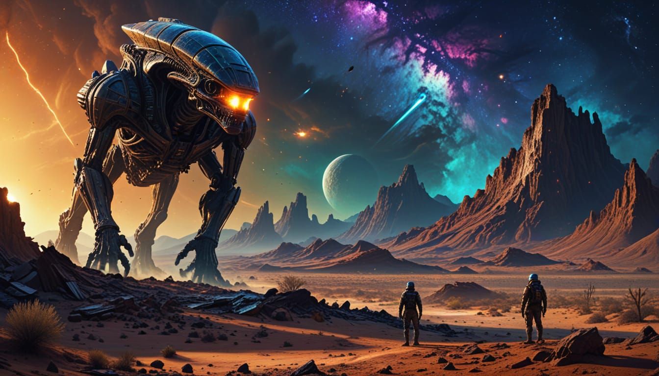 Alien Desert Discovery in Oil Painting Style