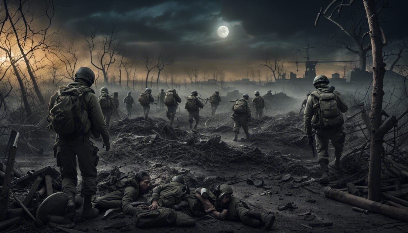 Ukrainian Soldiers in Minefield: Eerie Matte Painting