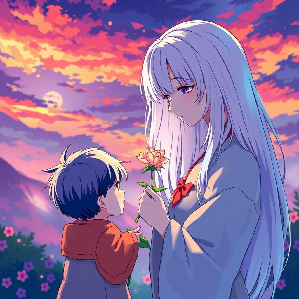 Mother Receives Flower in Vibrant, Anime-Inspired Art