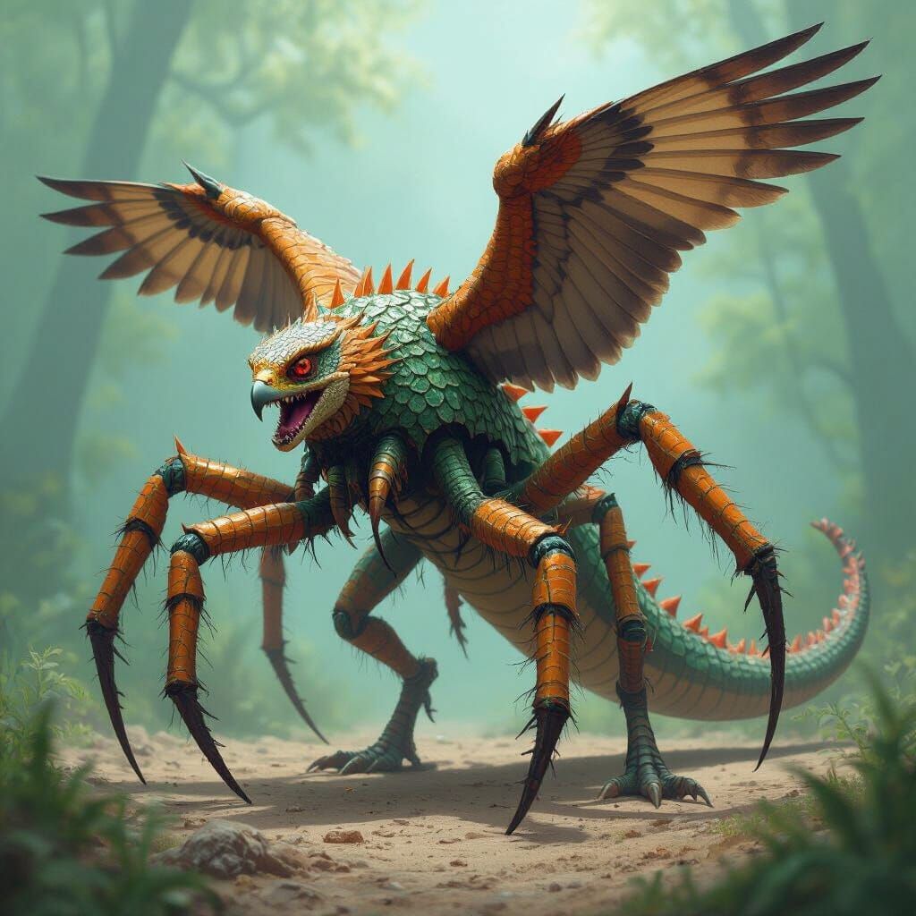 Mutated Spider-Falcon-Crocodile Creature in Vibrant Style